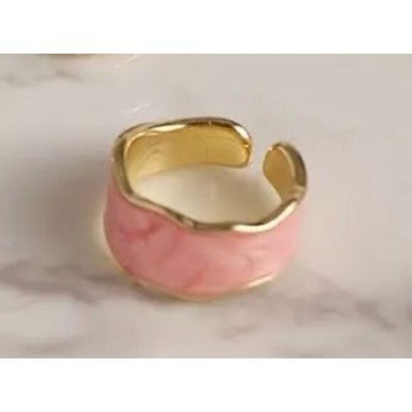 NWT Y2K Pink Drip Glaze Wavy Gold Rimmed Adjustable Ring - Picture 4 of 6